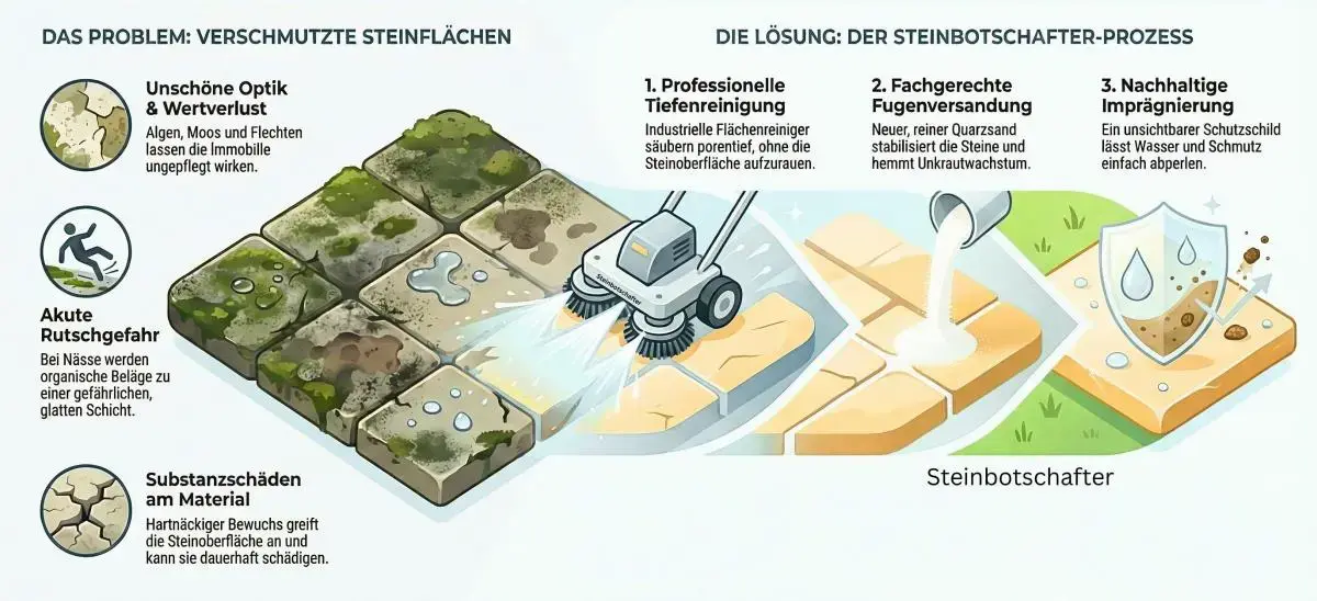 Professionelle Reinigung von Natursteinplatten in 
Barsinghausen durch den Steinbotschafter – 
nachhaltig sauber mit Langzeitschutz.