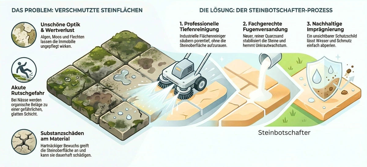 Professionelle Steinreinigung einer großen Hofeinfahrt in Hannover, Vorher-Nachher Vergleich der Plattenreinigung.