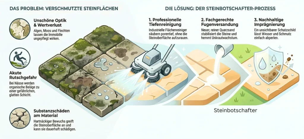 Gründliche Terrassenreinigung in Langenhagen: Entfernung von Algen und Flechten auf Betonsteinen.