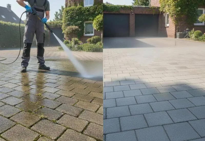 Professionelle Steinreinigung in Hannover: Ein Vorher-Nachher-Vergleich einer verschmutzten und einer frisch gereinigten Pflasterfläche durch den Steinbotschafter.