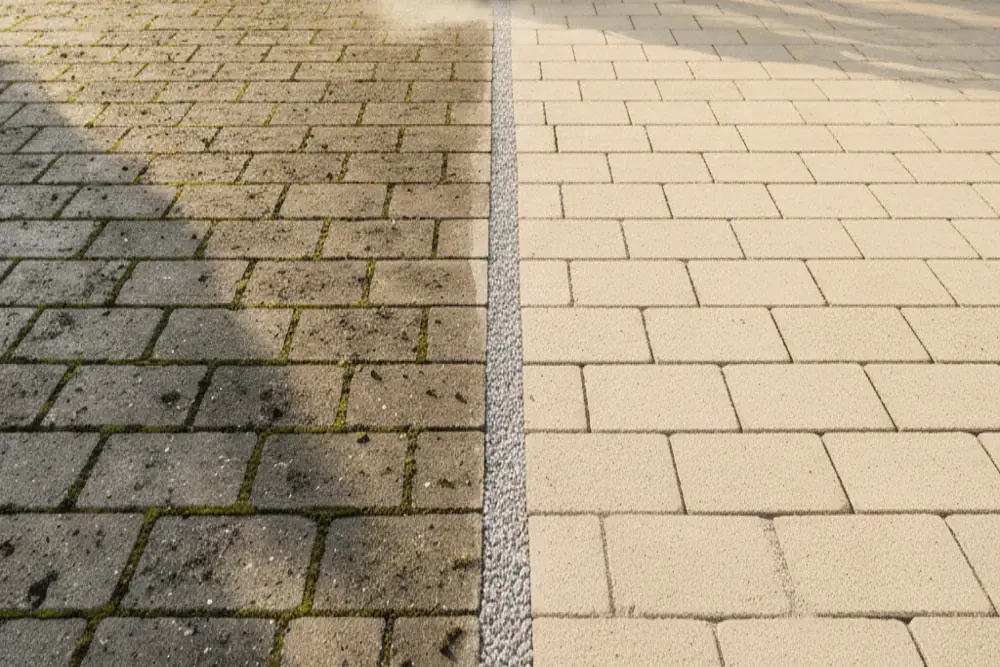 Professionelle Steinreinigung in Hannover: Porentiefe Reinigung einer Einfahrt mit einem Profi-Flächenreiniger durch den Steinbotschafter.