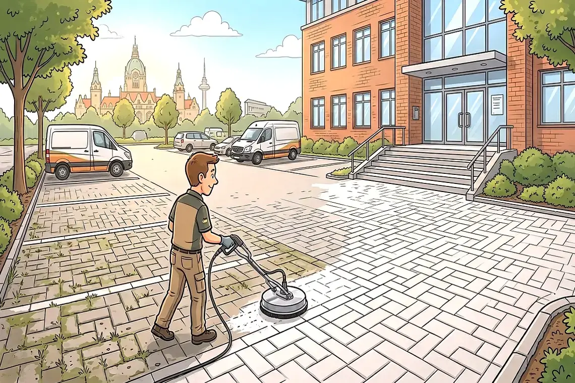 Illustration der professionellen Steinreinigung durch den Steinbotschafter für Gewerbeflächen in Hannover mit Fokus auf Werterhalt, Sicherheit und Professionalität durch Hochdruckreinigung