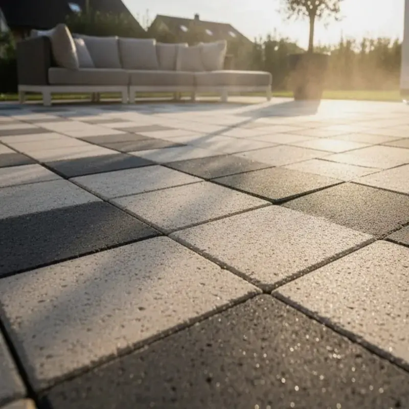 Frisch gereinigte Terrasse in Hannover: Das perfekte Ergebnis einer professionellen Steinreinigung durch den Steinbotschafter bei strahlendem Sonnenschein