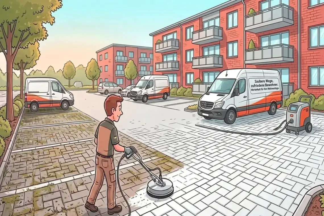 Illustration der professionellen Steinreinigung von Steinbotschafter für Wohnanlagen in Hannover bei Gehwegen für Hausverwaltungen.