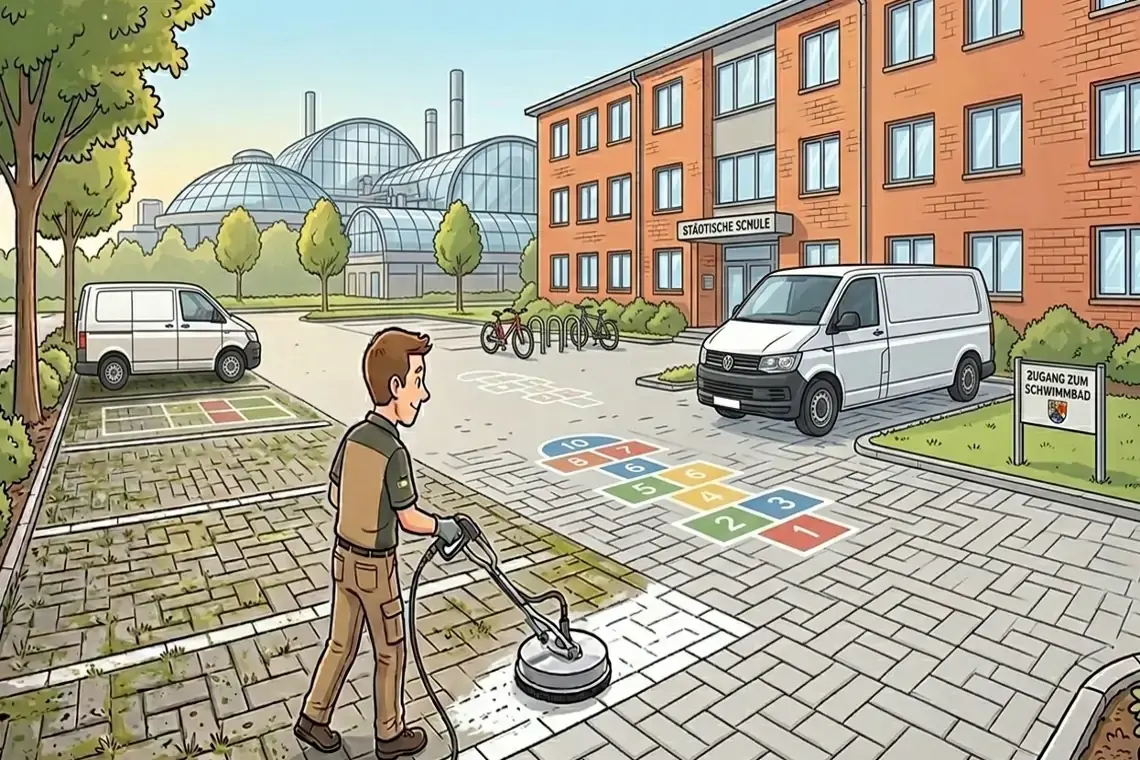 Professionelle Steinreinigung von gepflasterten Schulhöfen und öffentlichen Plätzen in Hannover durch den Steinbotschafter – Sicherstellung der Trittsicherheit
