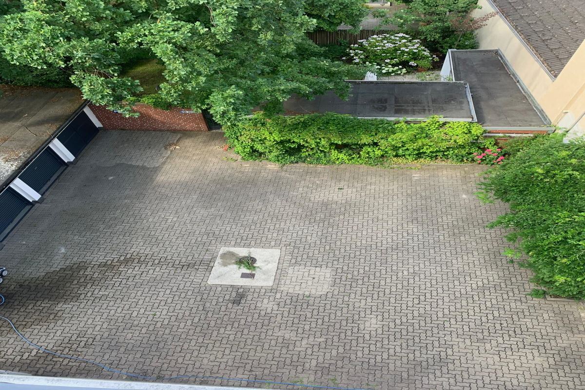 Steinreinigung Hannover durch Steinbotschafter: Das Bild zeigt die großflächige Verschmutzung eines Garagenhofs mit Algen und Schmutz vor der Reinigung.
