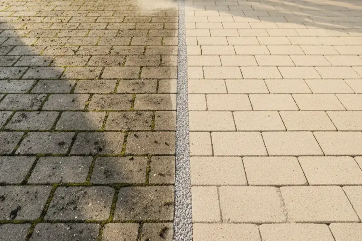 Steinreinigung Hannover durch Steinbotschafter - Vorher Nachher Vergleich Einfahrt